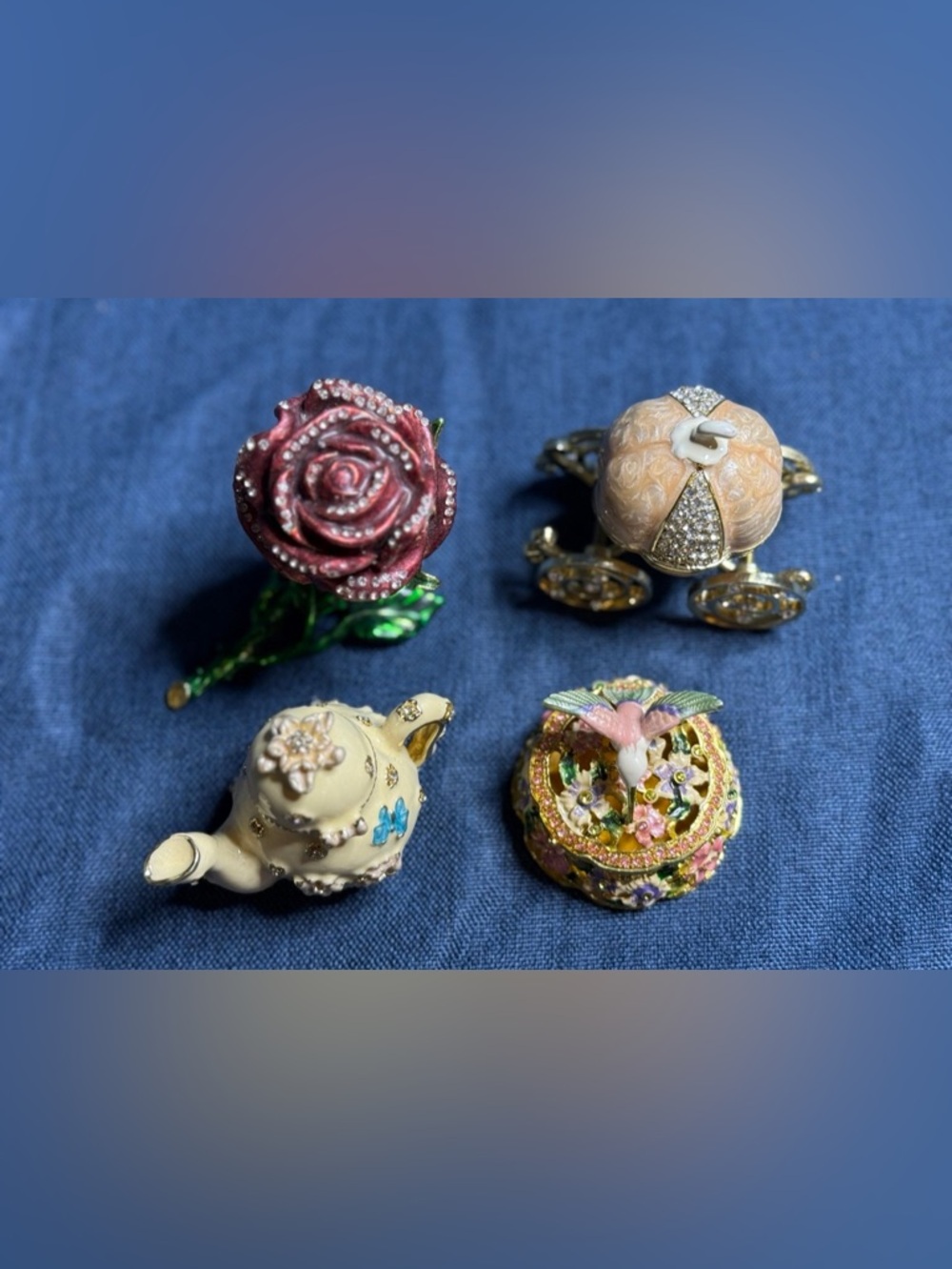 Miniature Trinket Box Lot Of 4 Rhinestone Rose Teapot Carriage Hummingbird